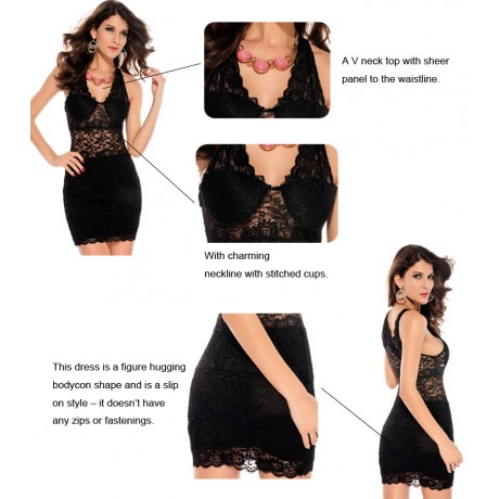 Allover Lace Strappy Fitted Cup Bodycon Mini Dress Black