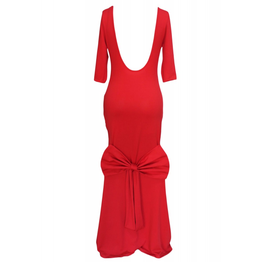 Big Bow Accent Red Evening Dress