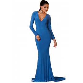 Backless Long Sleeves Mermaid Blue Evening Gown
