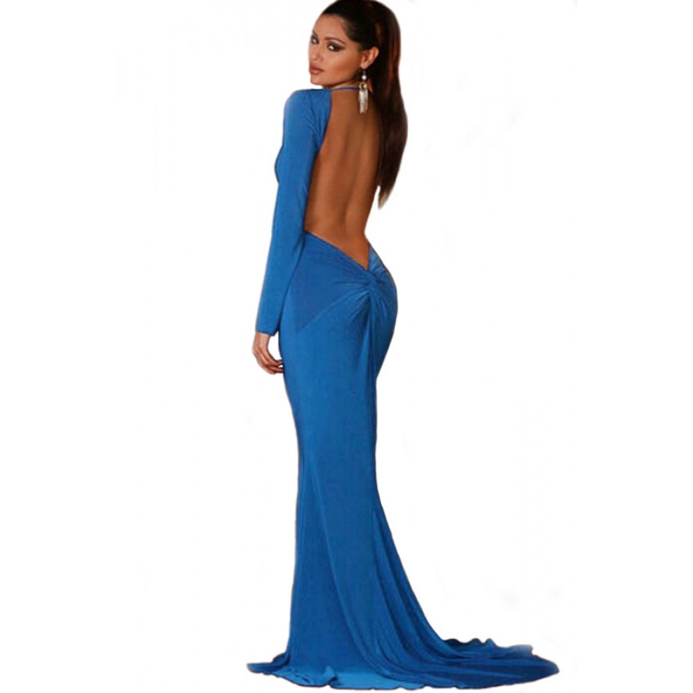 Backless Long Sleeves Mermaid Blue Evening Gown