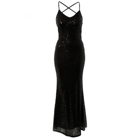 Shinning All over Sequin Low Back Hollow Out Gown Long Dress Black