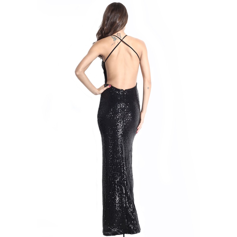 Shinning All over Sequin Low Back Hollow Out Gown Long Dress Black