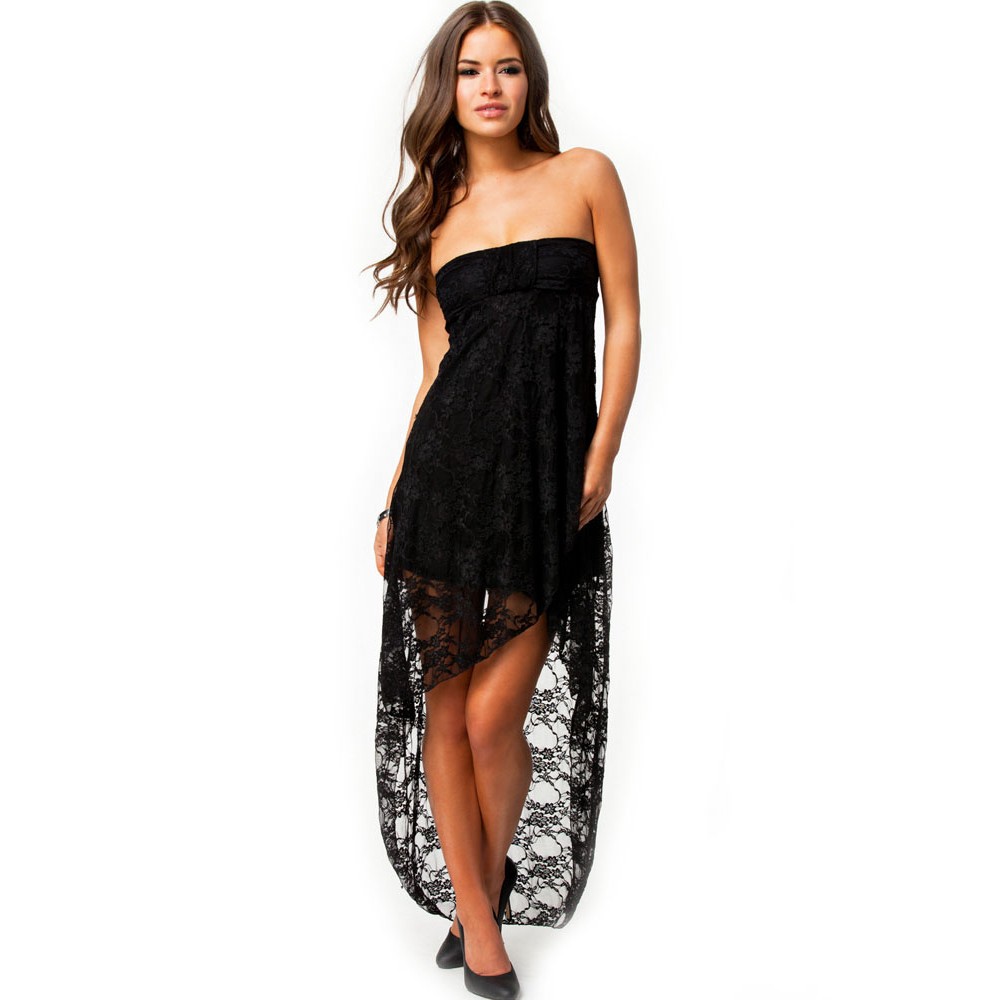 Knee-Length Bandeau Lace Evening Dress Black