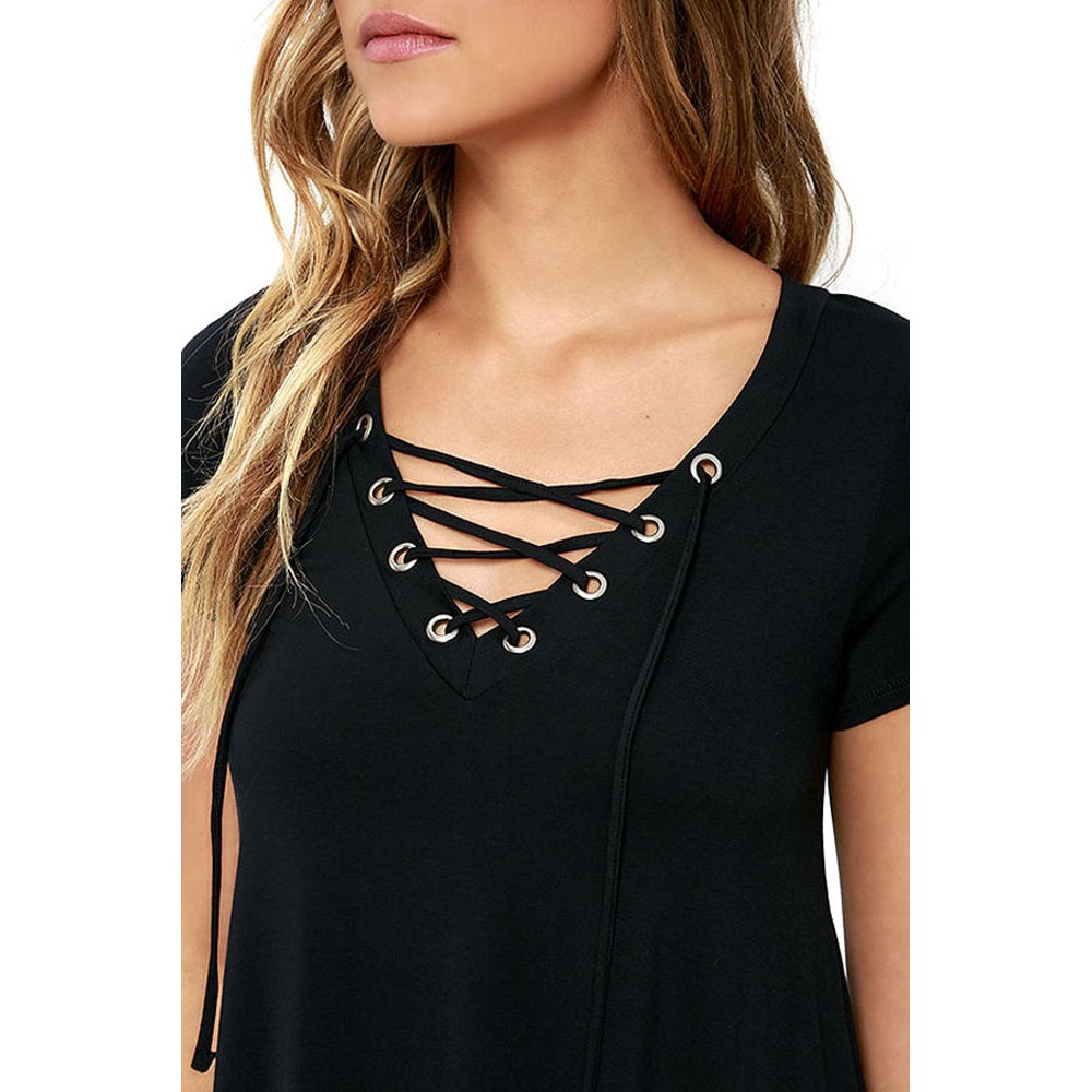 Black Casual Lace up Swing Mini Dress