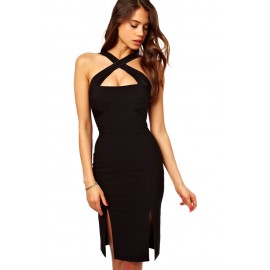 Night Club Crossover Front Long Midi Dress with Slits Black