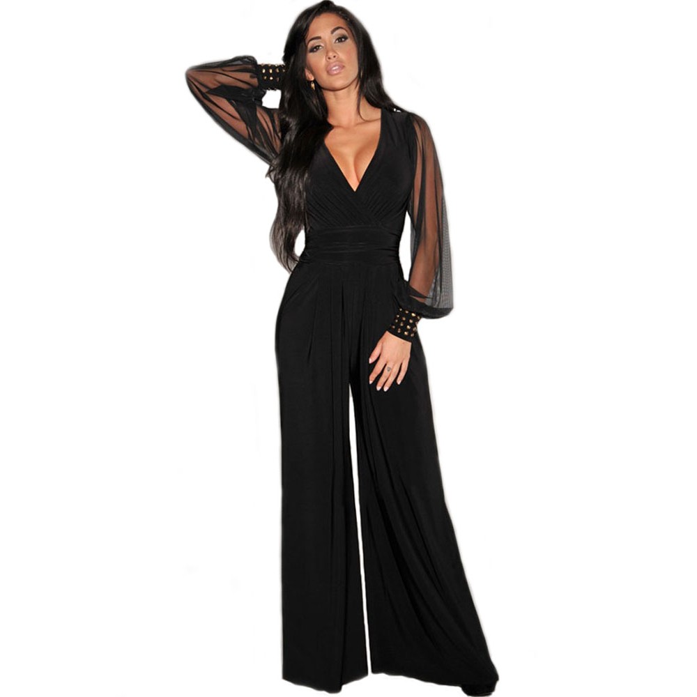 Embellished Cuffs Long Mesh Sleeves Jumpsuit Black