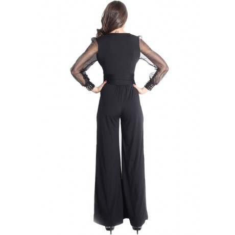 Embellished Cuffs Long Mesh Sleeves Jumpsuit Black