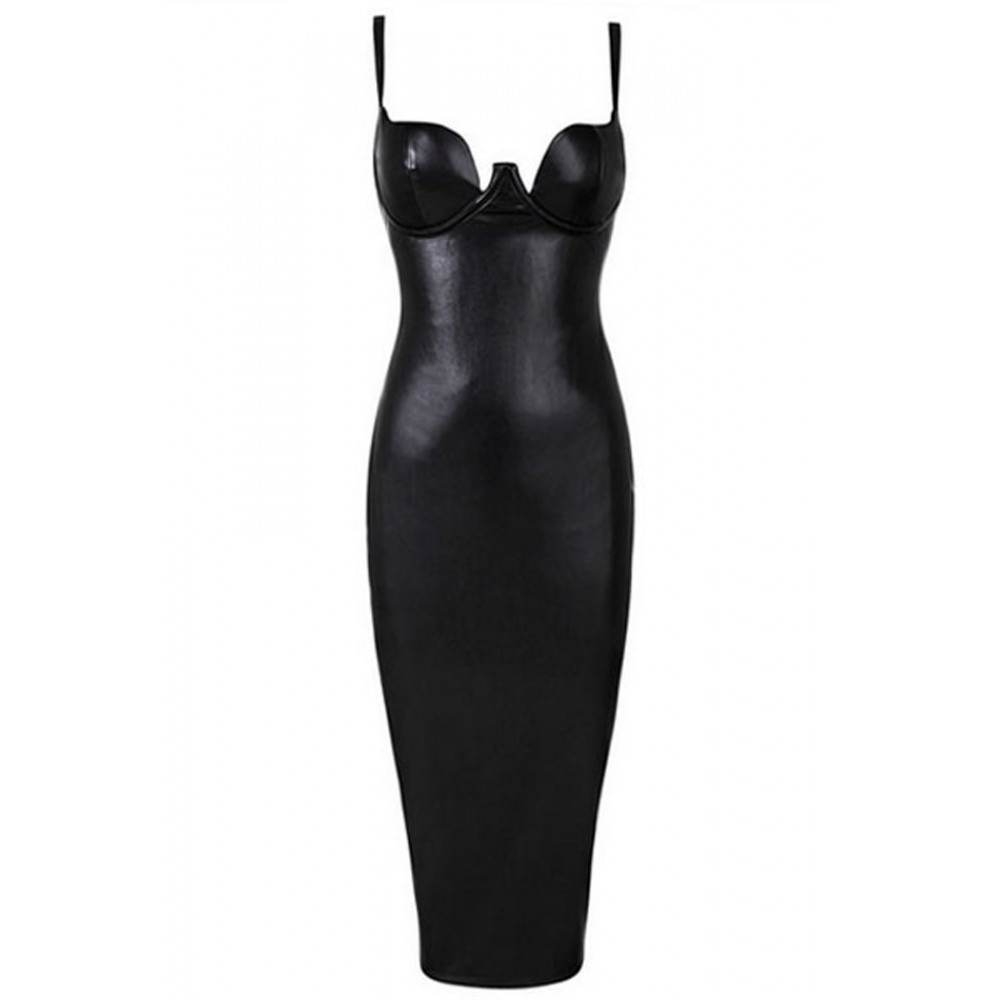 Black Faux Leather Padded Midi Dress