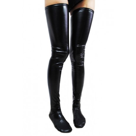 Black Faux Wet Look Vinyl Fetish Stockings