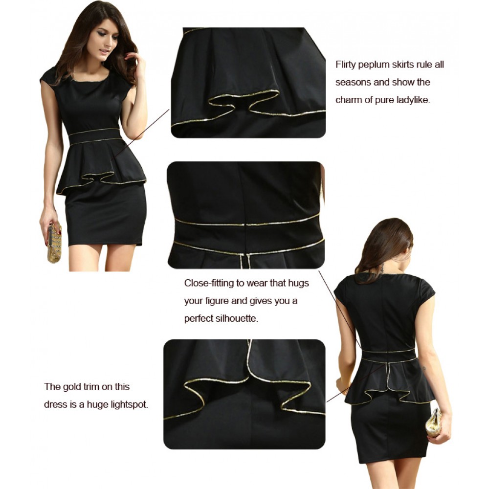 Black Gold Trim Party Peplum Dress