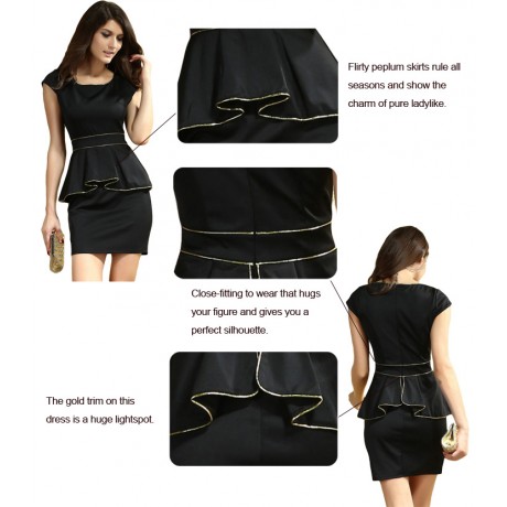 Black Gold Trim Party Peplum Dress