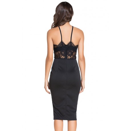 Black Halter Lace Sheer Fitted Midi Dress