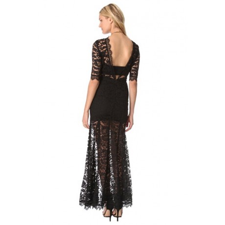 Black High Slit V Back Lace Over Maxi Dress