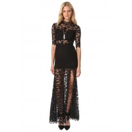 Black High Slit V Back Lace Over Maxi Dress