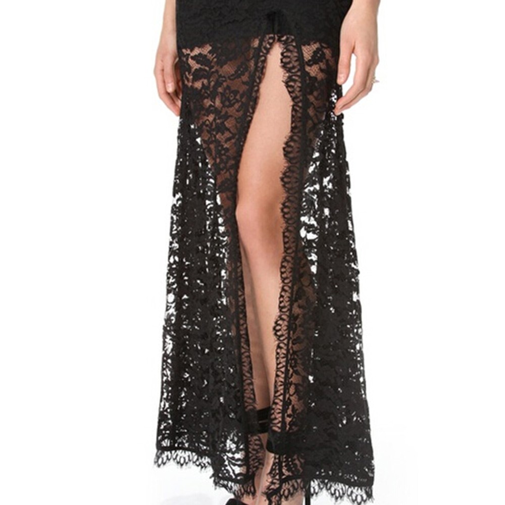 Black High Slit V Back Lace Over Maxi Dress