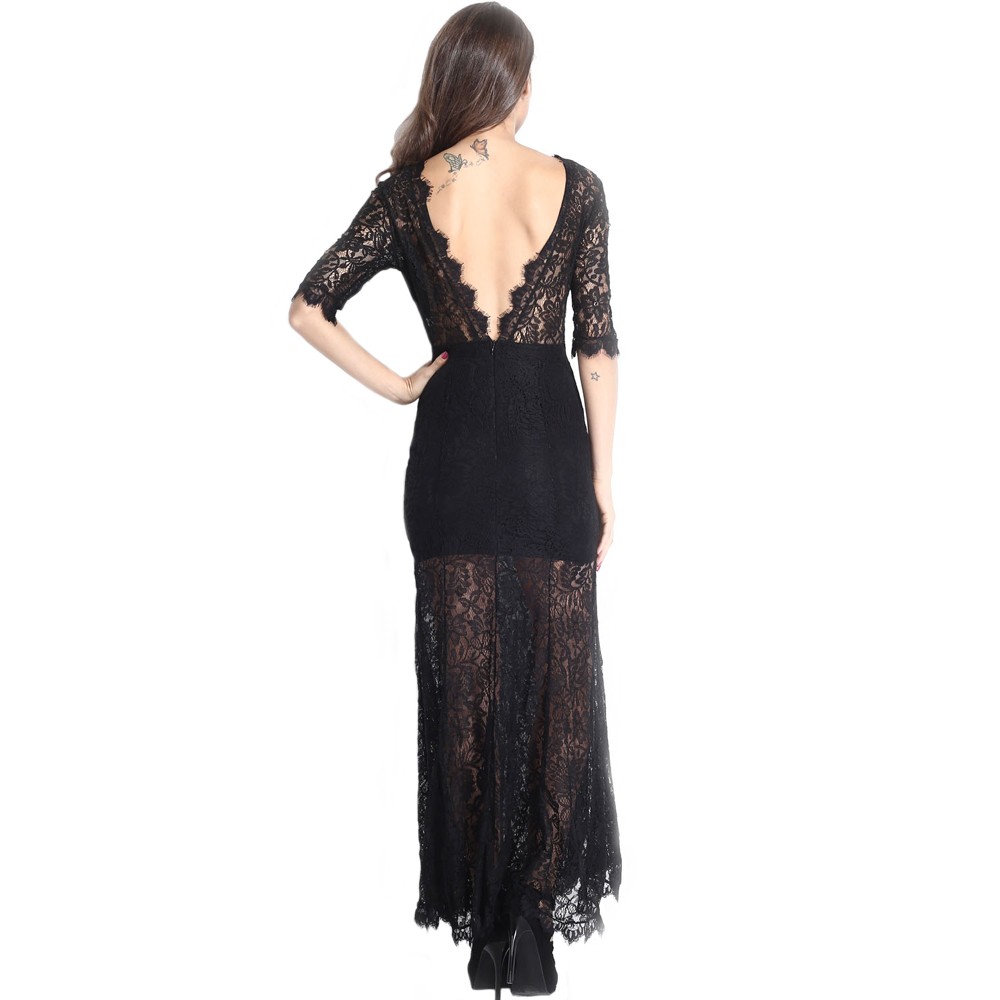 Black High Slit V Back Lace Over Maxi Dress