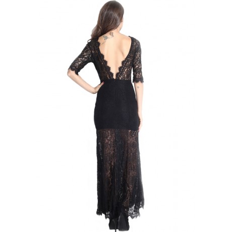 Black High Slit V Back Lace Over Maxi Dress