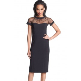 Black Illusion Yoke Crepe Sheath Midi Dress