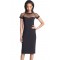 Black Illusion Yoke Crepe Sheath Midi Dress