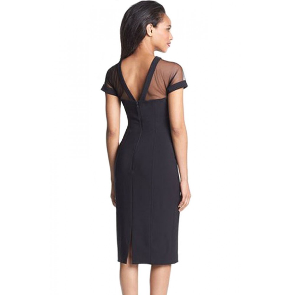 Black Illusion Yoke Crepe Sheath Midi Dress