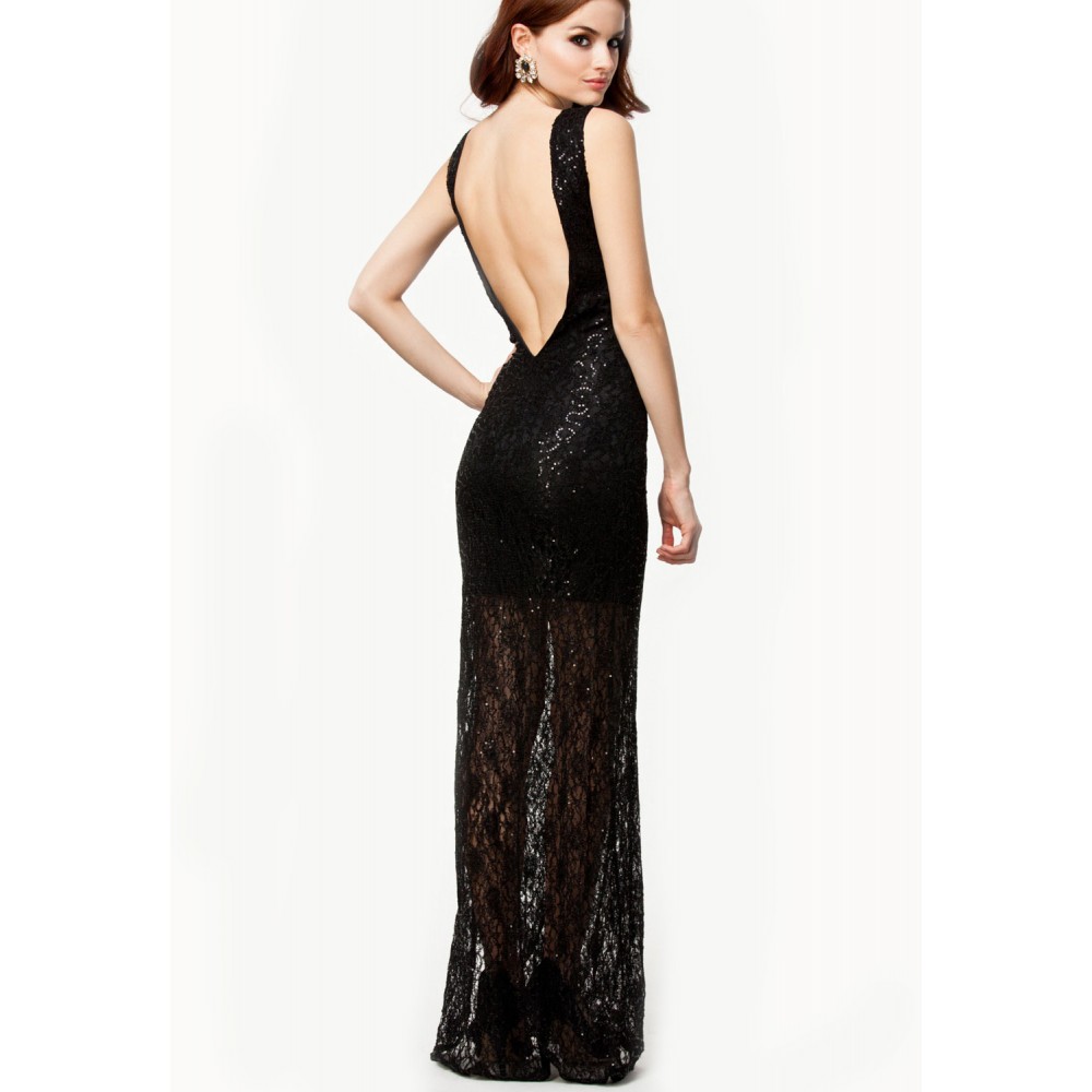 Sequins Hollow Out Lace Maxi Black