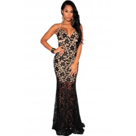 Black Lace Nude Illusion Evening Dress