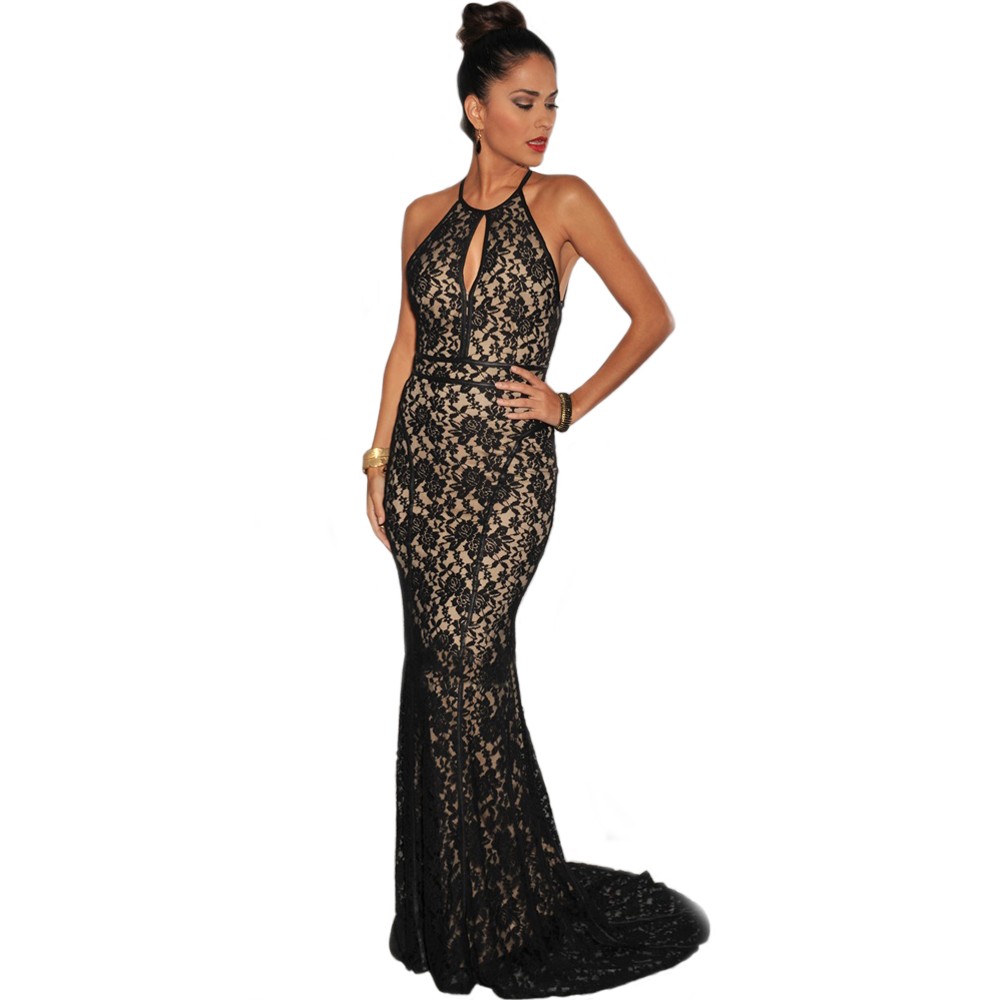 Black Lace Nude Illusion Open Back Evening Gown