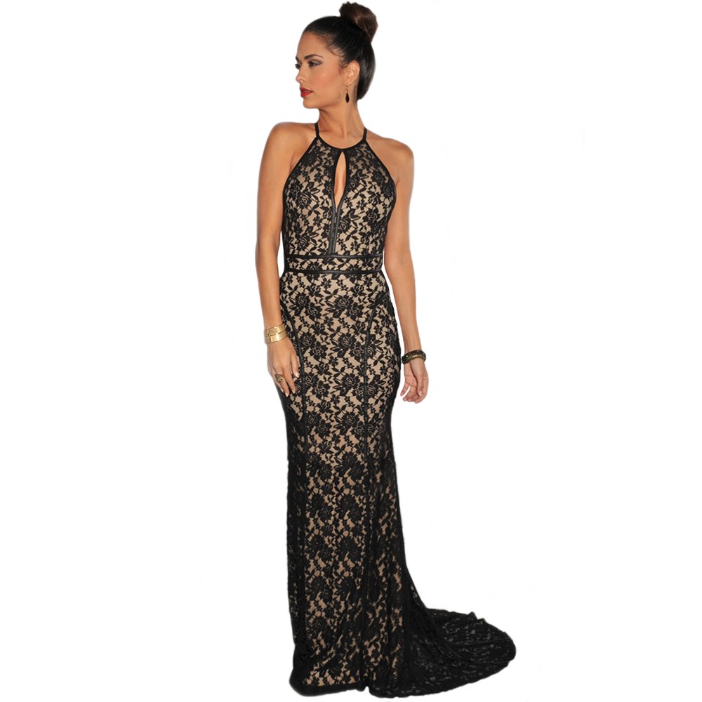Black Lace Nude Illusion Open Back Evening Gown