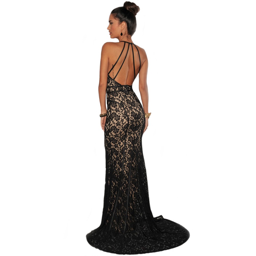 Black Lace Nude Illusion Open Back Evening Gown