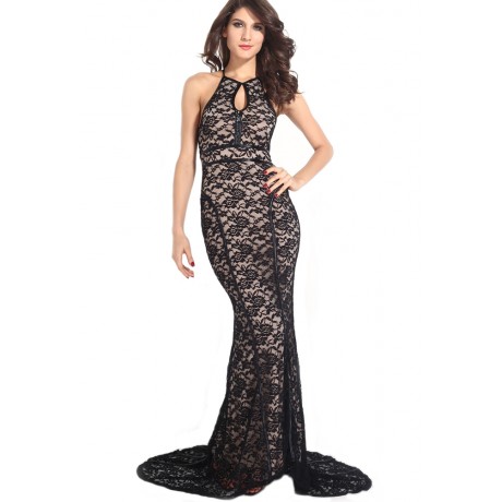 Black Lace Nude Illusion Open Back Evening Gown