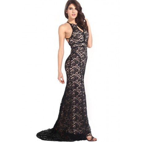 Black Lace Nude Illusion Open Back Evening Gown