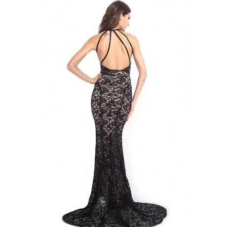 Black Lace Nude Illusion Open Back Evening Gown