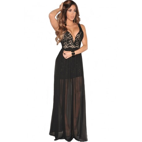 Lace Plunging Neck Slit Evening Gown Black