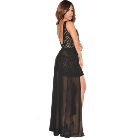 Lace Plunging Neck Slit Evening Gown Black