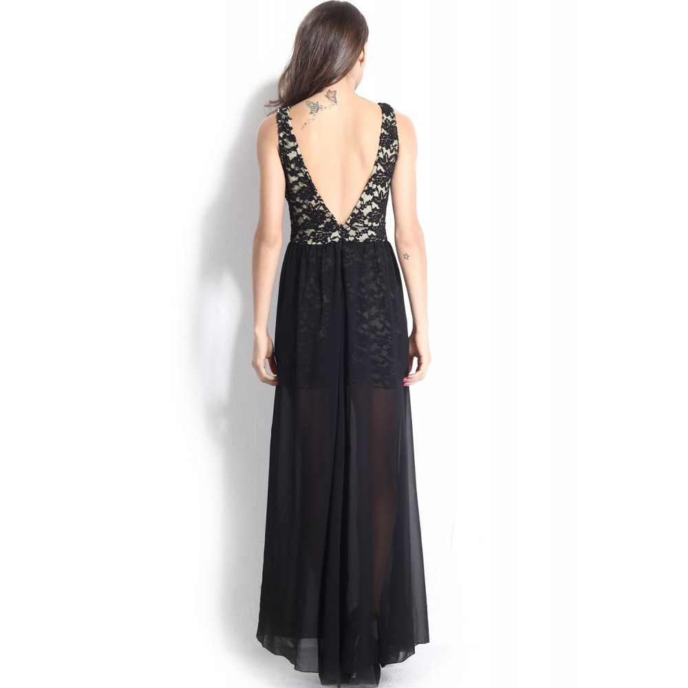 Lace Plunging Neck Slit Evening Gown Black