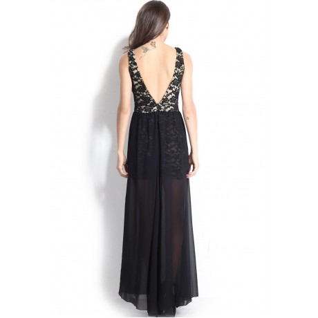 Lace Plunging Neck Slit Evening Gown Black
