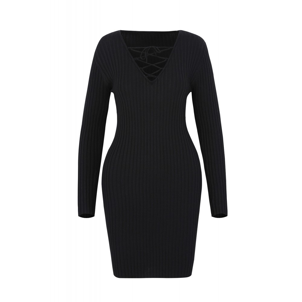 Black V Neck Long Sleeve Knit Dress