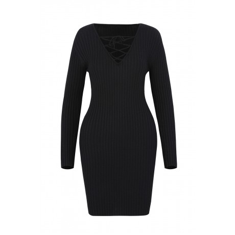 Black V Neck Long Sleeve Knit Dress