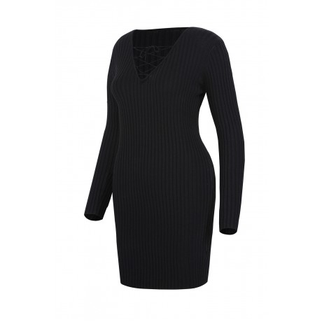 Black V Neck Long Sleeve Knit Dress