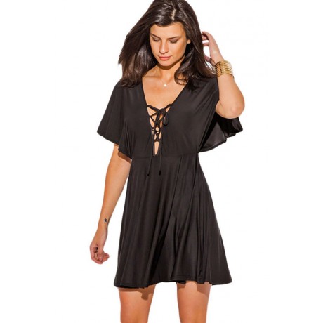 Black Deep Kimono Sleeve Dress