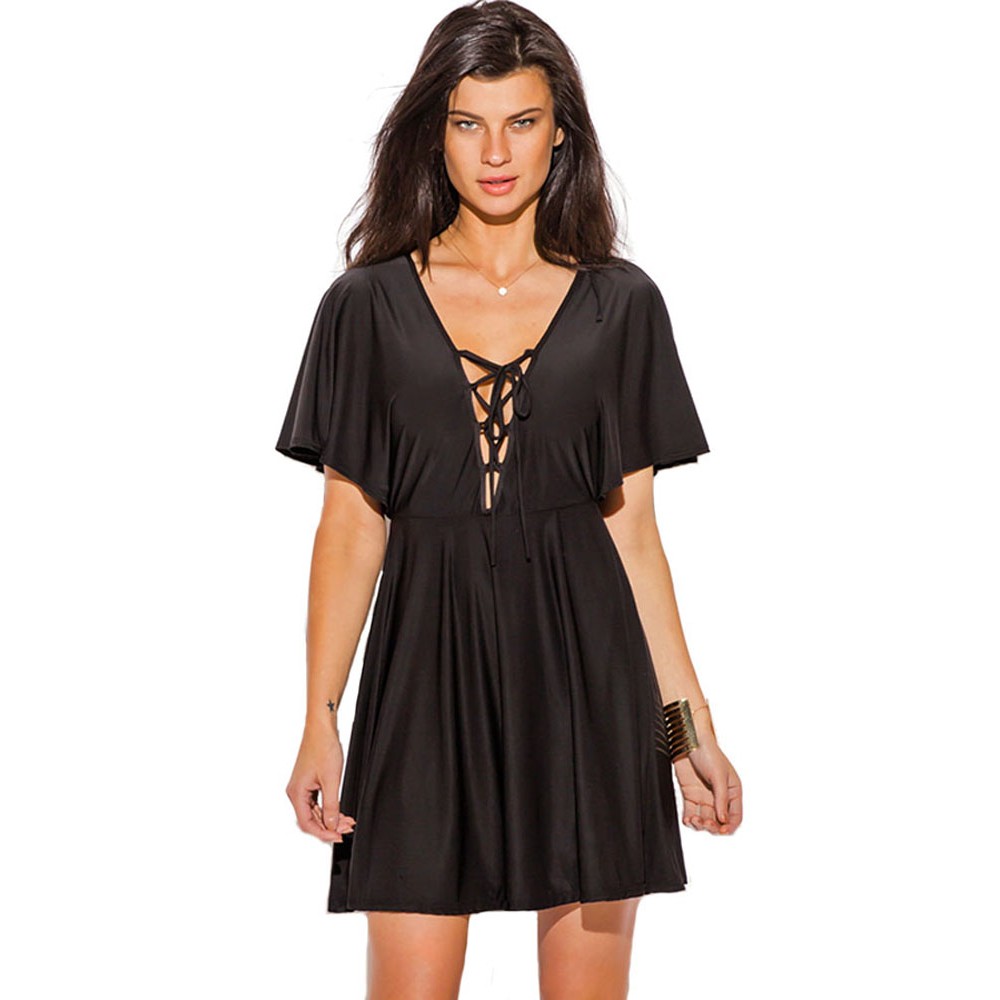 Black Deep Kimono Sleeve Dress