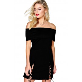 Black Off Shoulder Lace Up Skater Dress