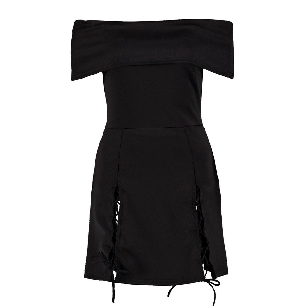 Black Off Shoulder Lace Up Skater Dress