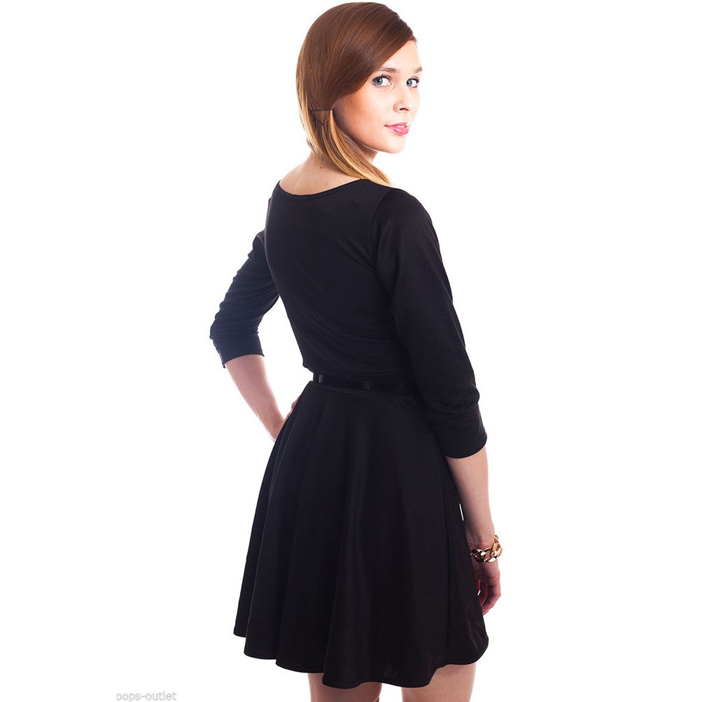 Black Plain Belted Skater Mini Dress