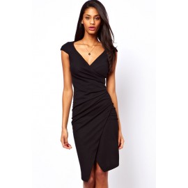 V-Neck Ruched Wrap Midi Dress Black