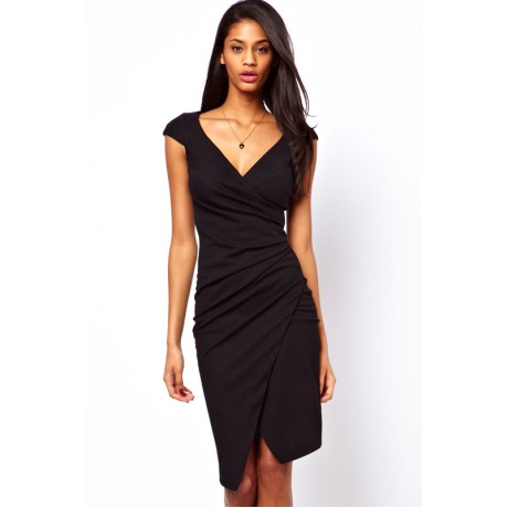 V-Neck Ruched Wrap Midi Dress Black