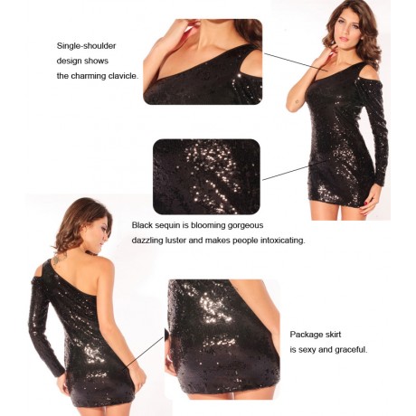 Fashionably Sparkling Sequin One Shoulder Mini Dress Black