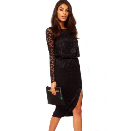 Black Lace Cowl Back Club Midi Dress