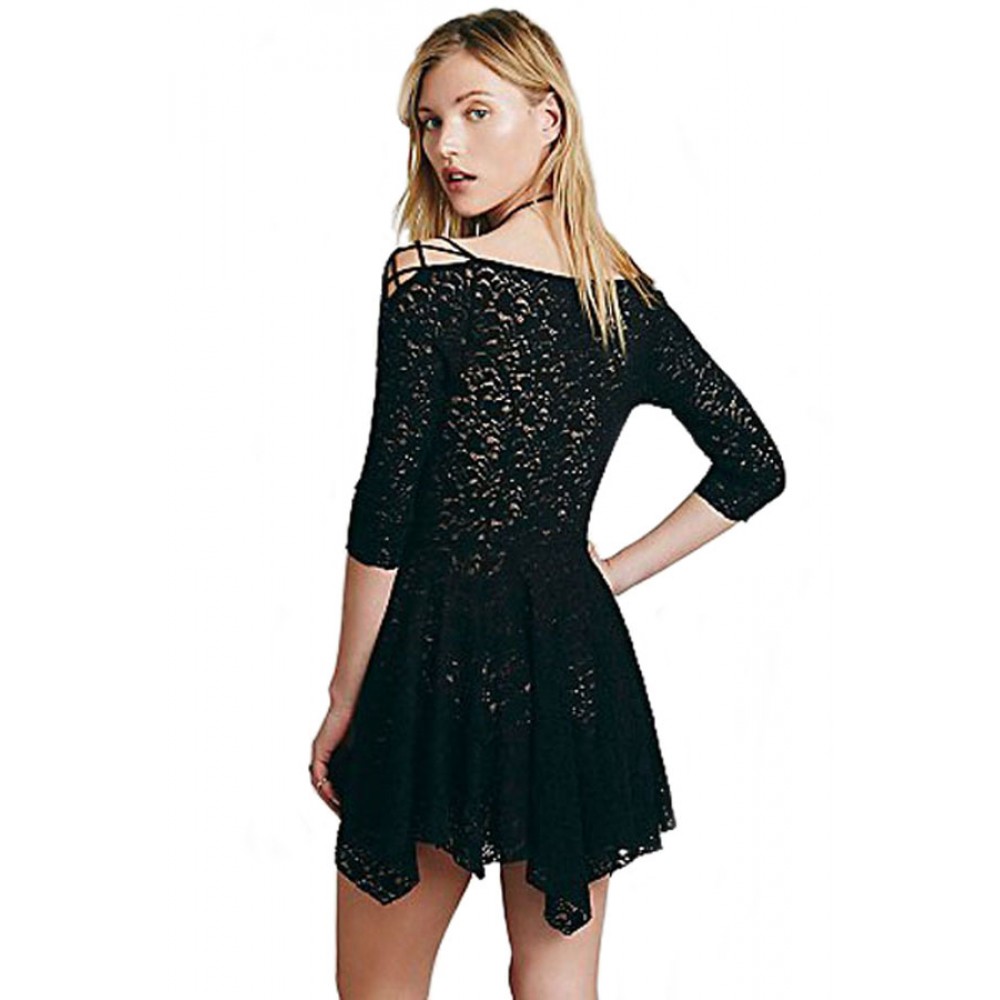 Black Sheer Lace Sleeved Skater Mini Dress