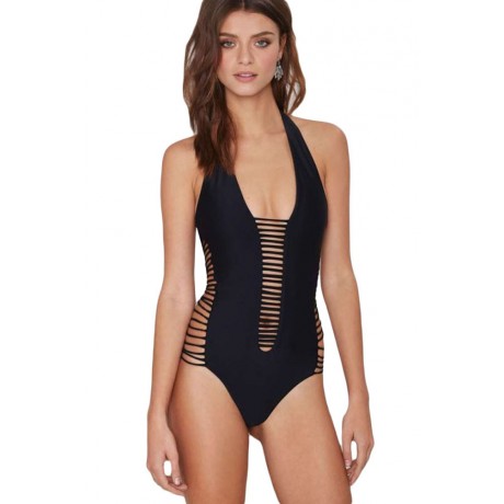 Black Strappy Cutout Halter Swimwear